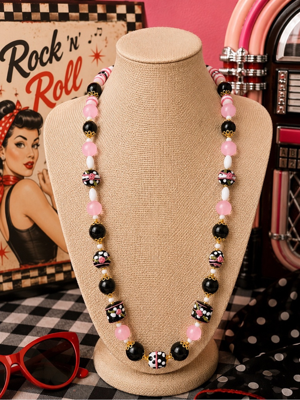 Handmade Vintage  Lampwork and Rose Quartz beaded Necklace “Pin Up Pinky”